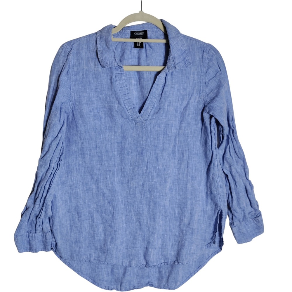 Jones & Co‎ Jones New York Blue 100% Linen V-Neck Roll Tab Sleeve Tunic Top M